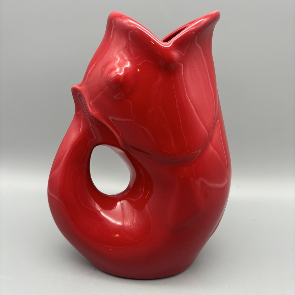 Original‎ Gurgle Pot Fish Pitcher  Stoneware Ceramic 9"  Red 2006